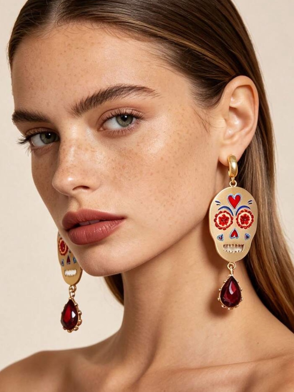 Elegant Sugar Skull Garnet Earrings